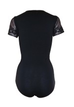 Floral Lace Short Sleeve Soft Leotard Bodysuit Black